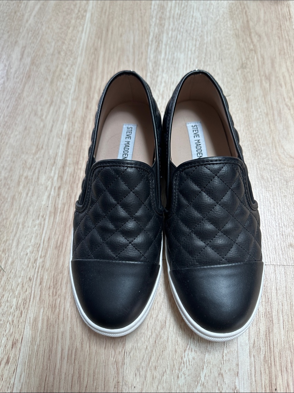 Steve Madden Black Quilted Slip-On Sneakers with White Sole 8.5